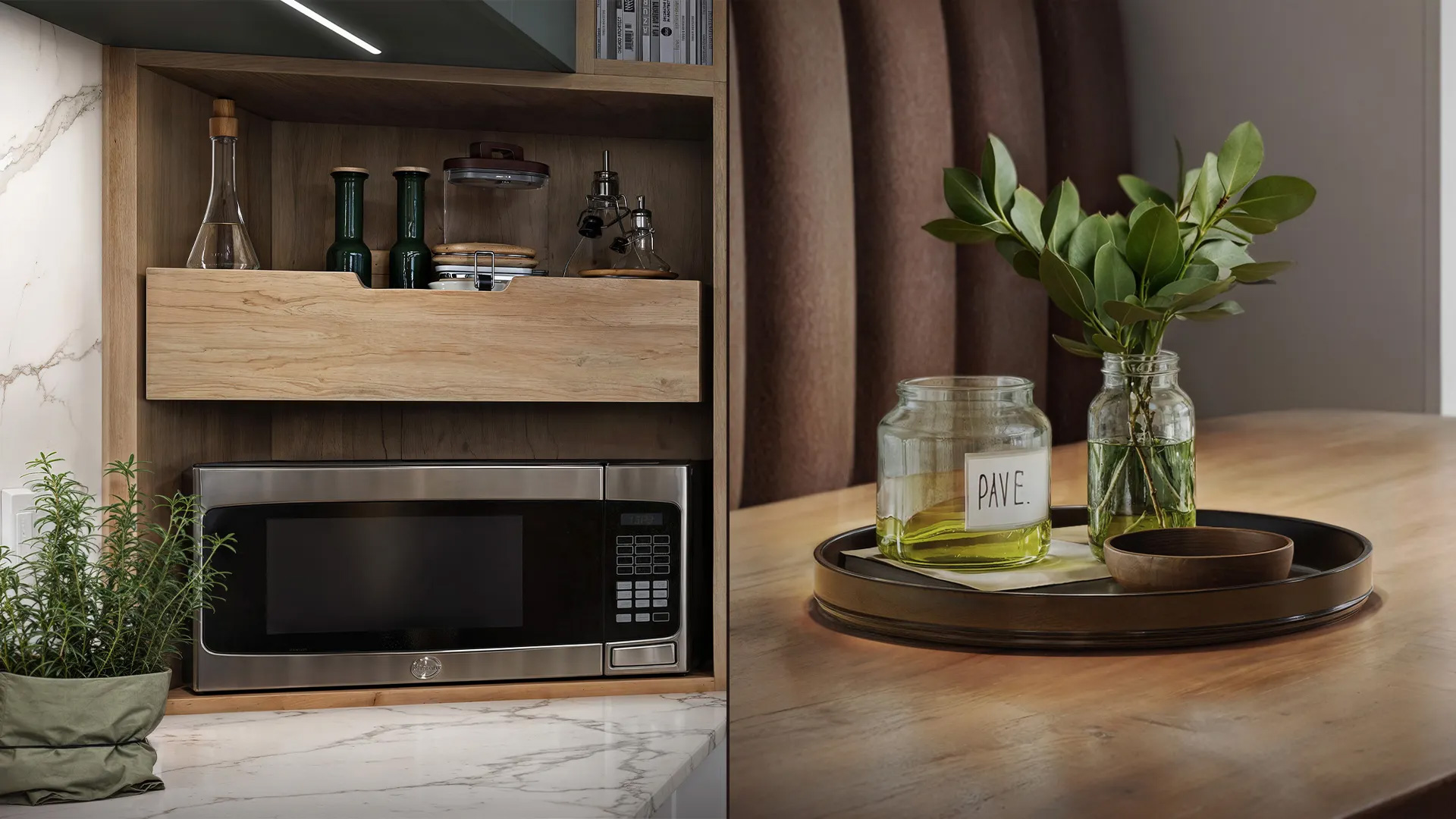 Détails de rendu 3D : niche cuisine bois et marbre avec micro-ondes intégré, et plateau décoratif sur table