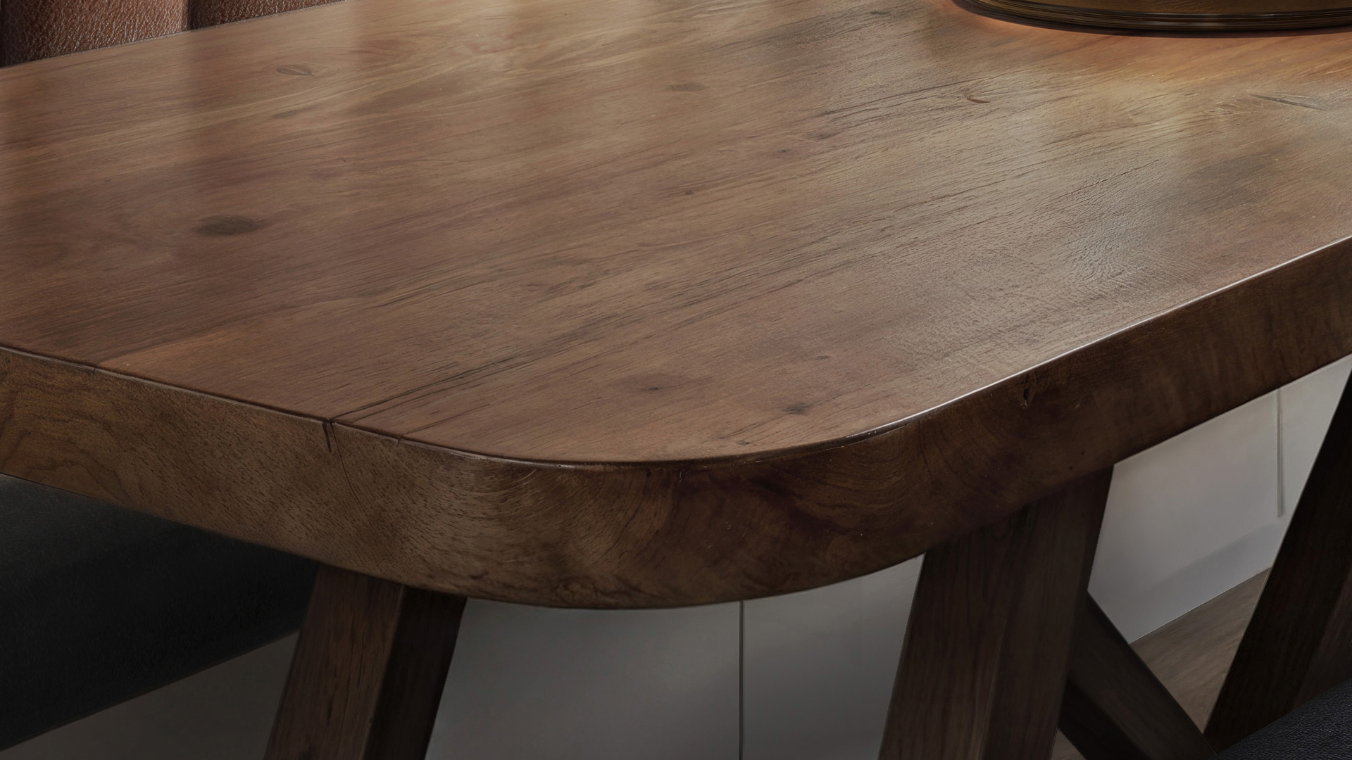 Détail de table en bois massif en rendu 3D : grain, coins arrondis et reflet satiné