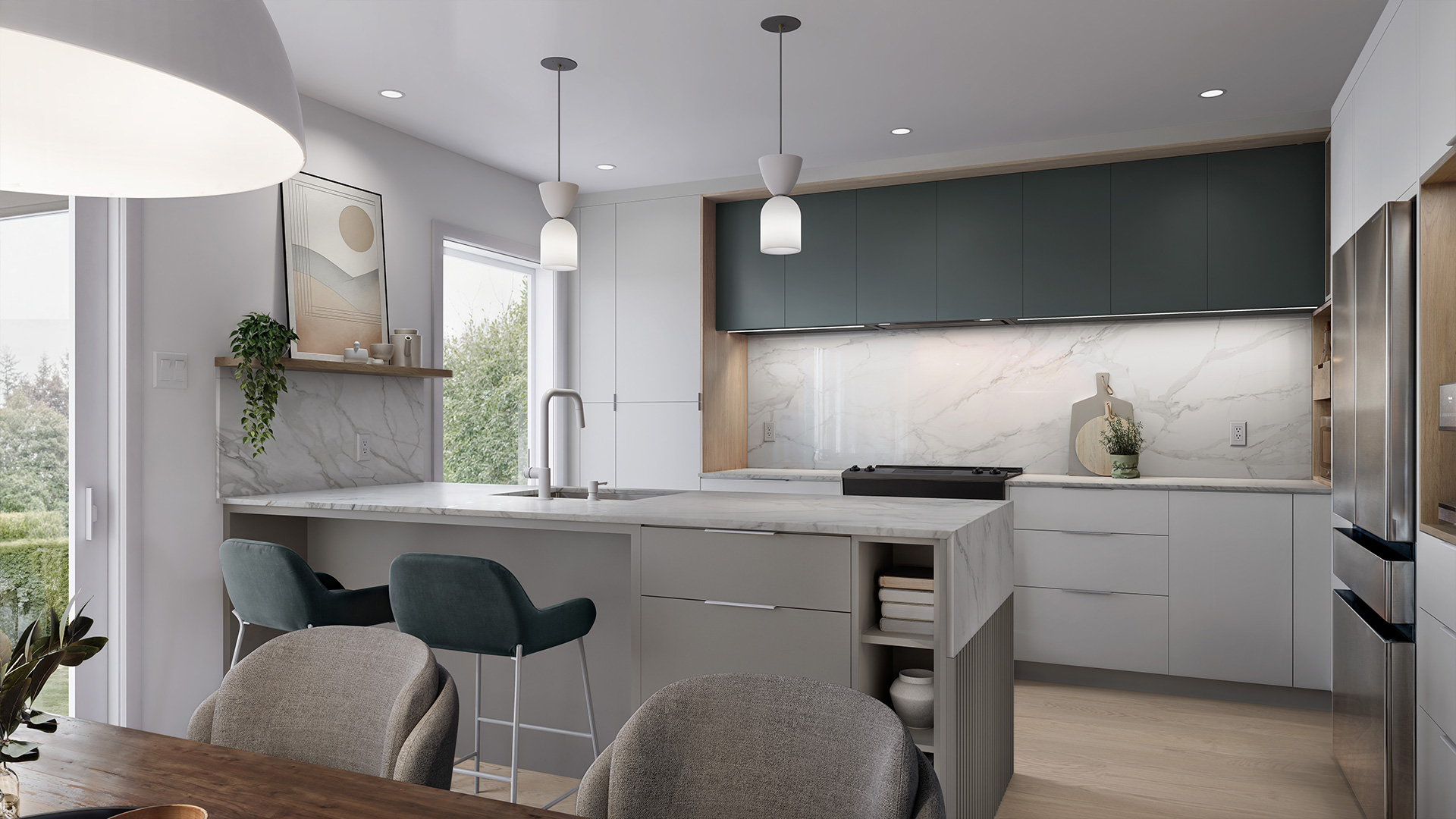 Cuisine contemporaine en rendu 3D : îlot marbre, tabourets teal, façades teal et luminaires suspendus